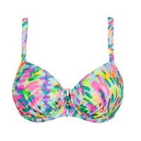 Colorful bikini top with a multicolor abstract pattern on a white background