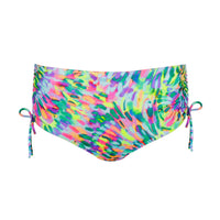 Colorful tie-dye bikini bottom on a white background