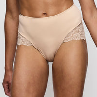 Beige lace-trimmed underwear on a neutral background