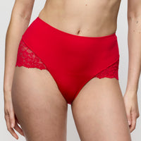 Red high-waisted underwear with lace trim on a plain background