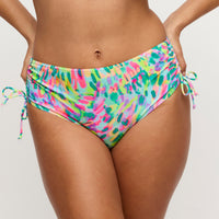 Multicolored bikini bottom with a tie-side design on a plain background