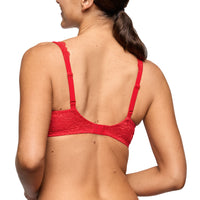 A woman shown from the back wearing a red lace bra with adjustable straps, photographed against a plain white studio background.