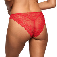 Red lace thong underwear shown from the back on a model, featuring floral lace patterns and scalloped edges, against a plain white background.