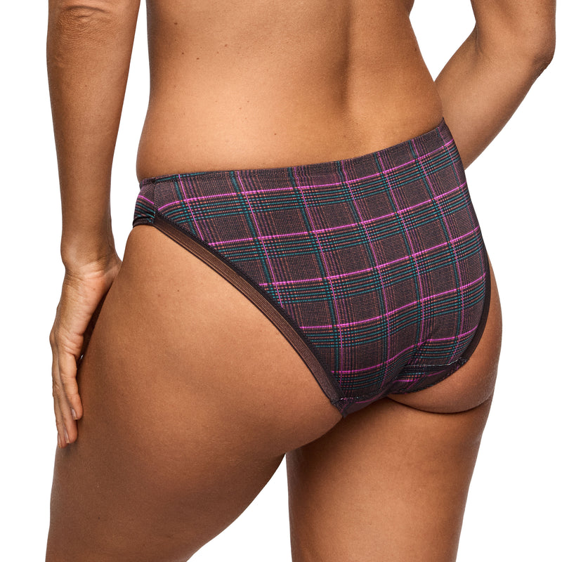 Rear view of a model wearing high-waisted plaid underwear with a dark brown base, pink and teal stripes, and a sheer brown mesh side panel, set against a plain white background.