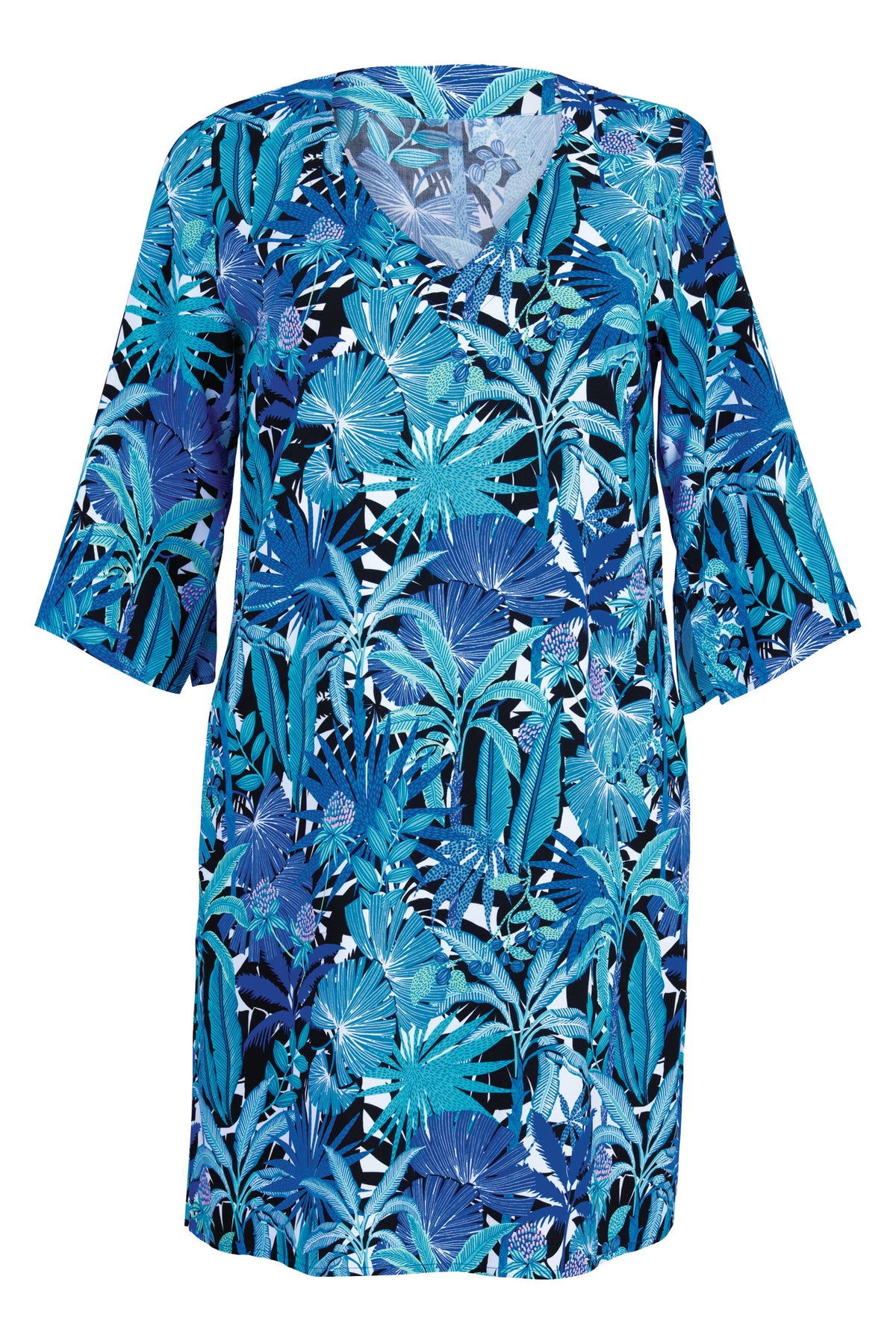 Blue floral dress with a tropical pattern on a white background