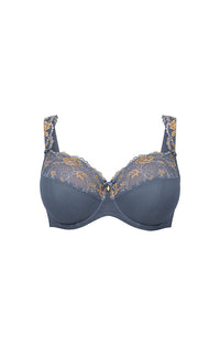 Blue bra with floral lace details on a white background