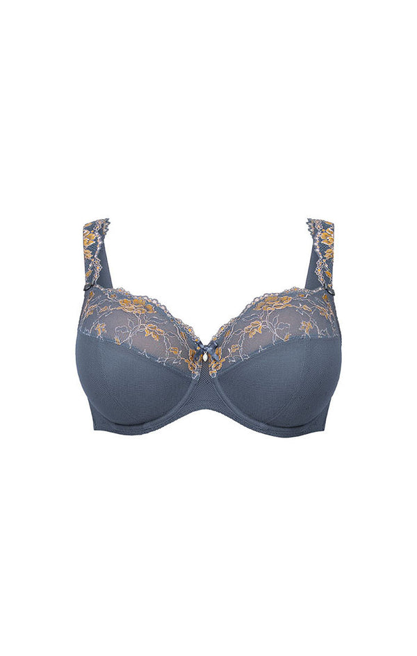 Blue bra with floral lace details on a white background