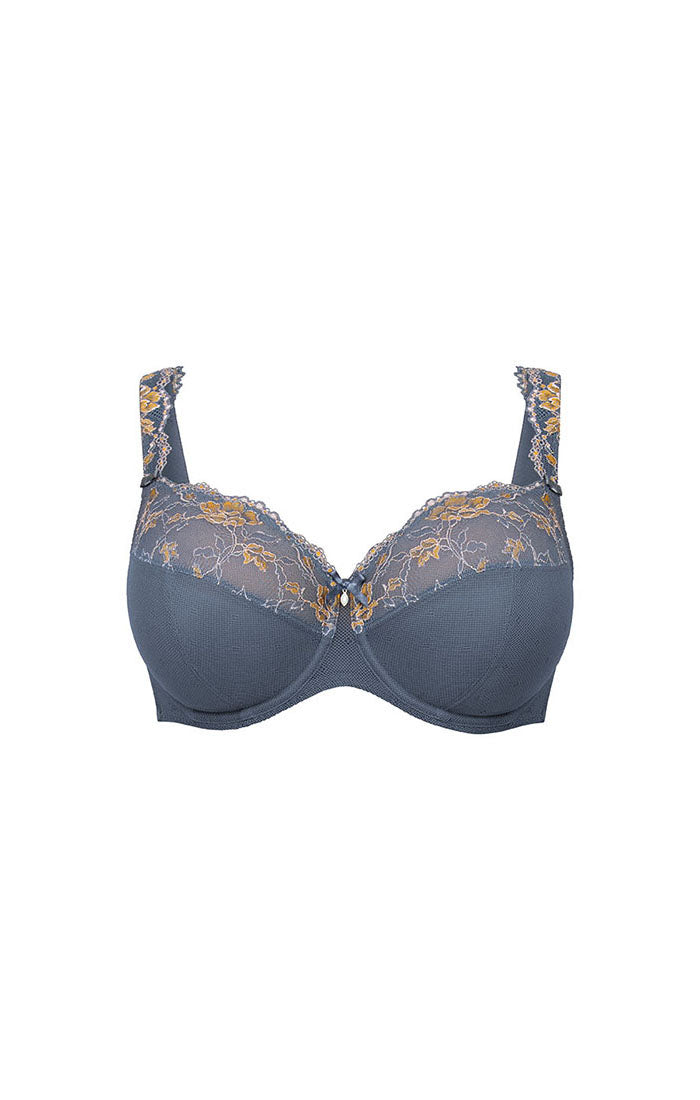 Blue bra with floral lace details on a white background