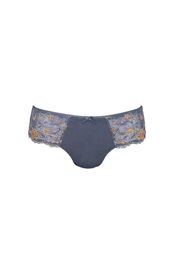 Navy blue underwear with floral lace trim on a white background