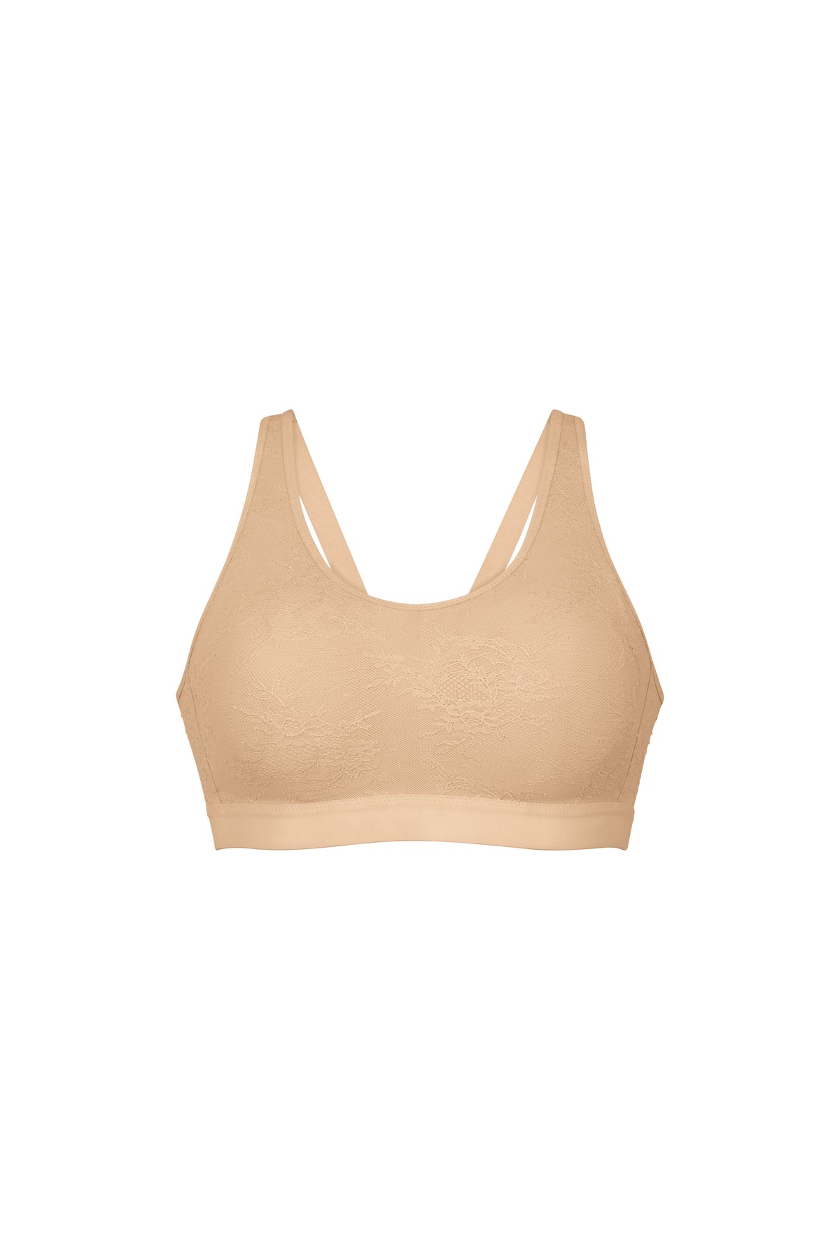 A beige wireless bralette with wide shoulder straps and a scoop neckline, shown against a plain white background.