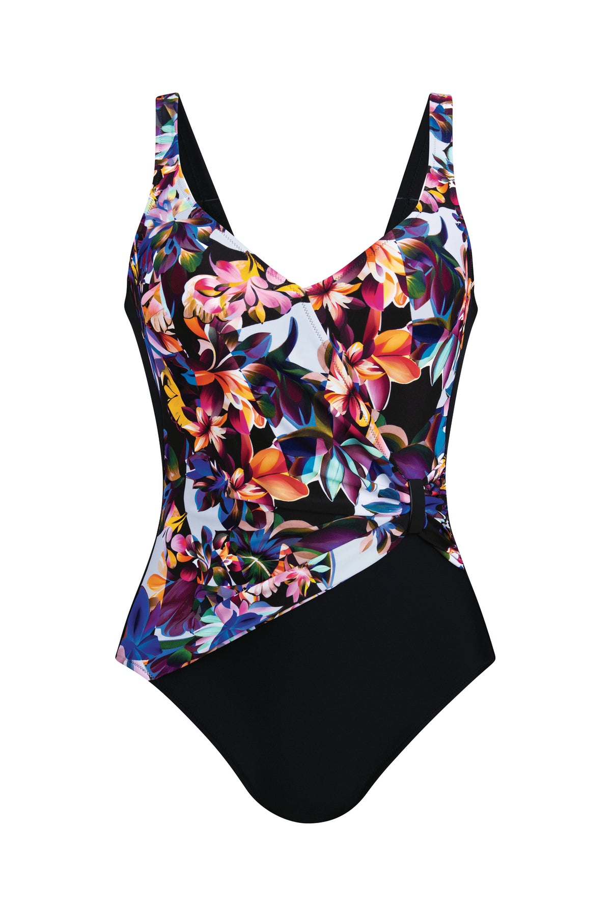 Multicolored floral swimsuit with black bottom on a white background