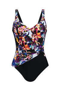 Multicolored floral swimsuit with black bottom on a white background
