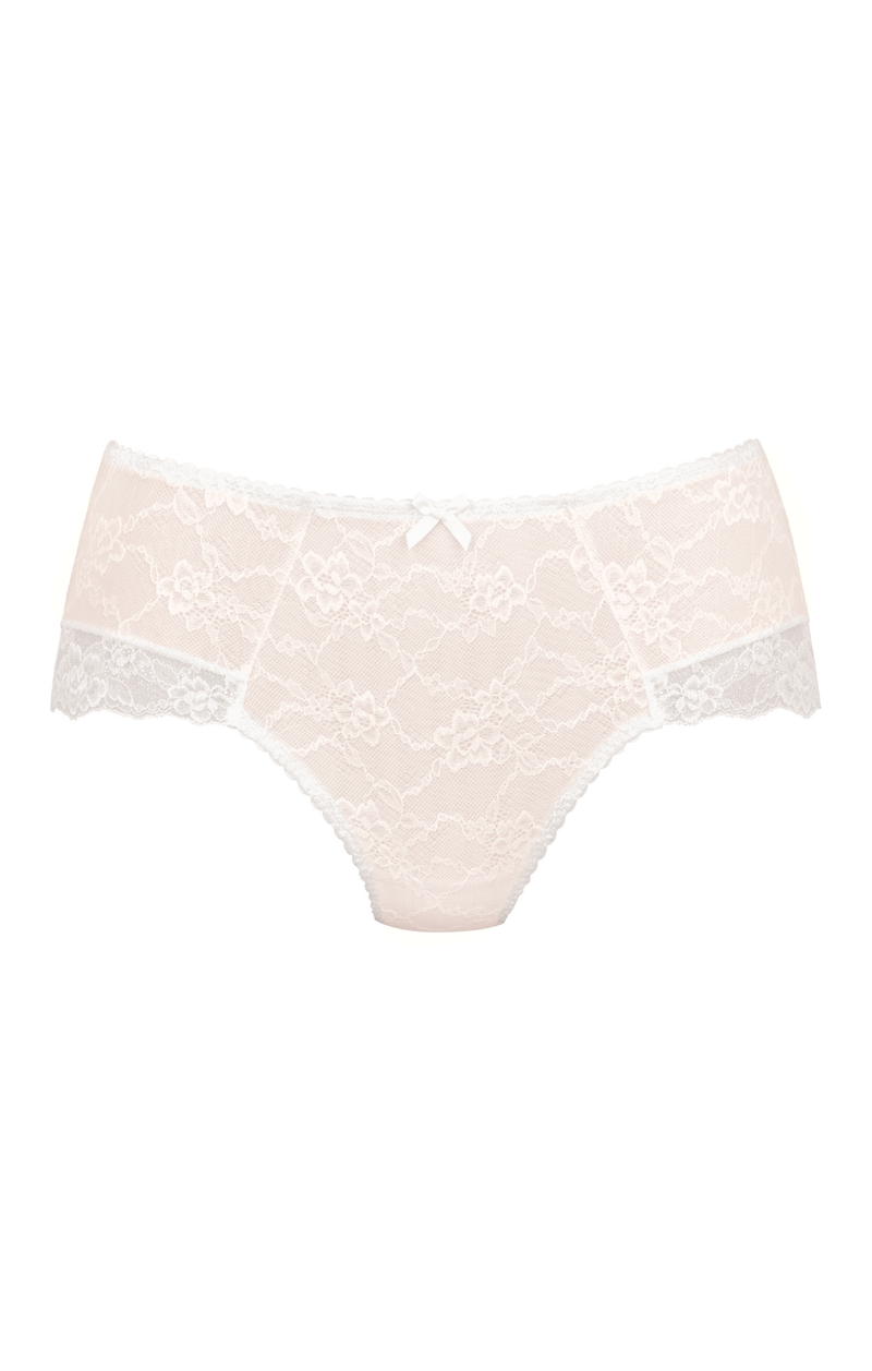 Light pink lace underwear on a white background