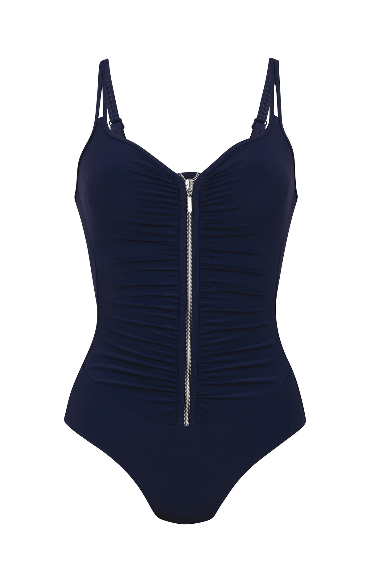 Navy blue swimsuit with thin straps and a front zipper on a white background
