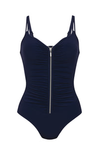 Navy blue swimsuit with thin straps and a front zipper on a white background