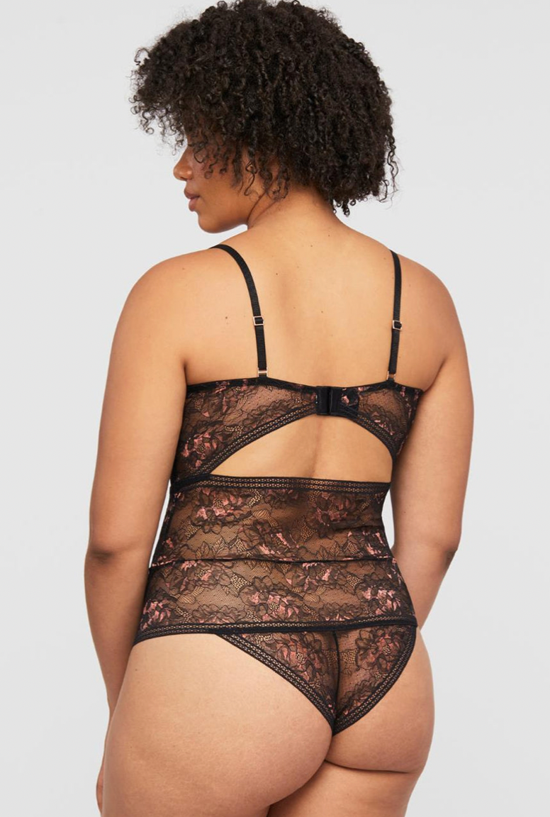Figleaves Curve Decadence embroidered shapewear bodysuit with suspenders in  black